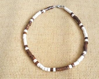 Brown and White Wood Bead Necklace, Men's Choker