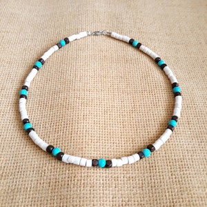 Turquoise necklace and wooden beads,Men&#39;s necklace / choker in white and turquoise, Surfer necklace, Gift for men