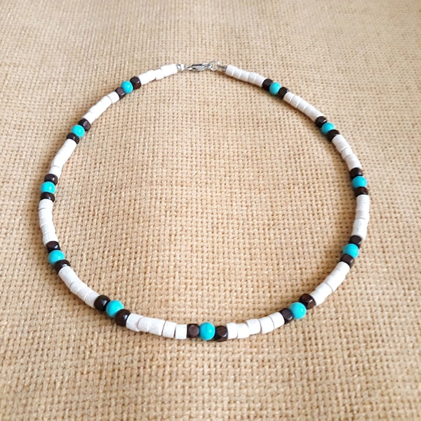 Turquoise necklace and wooden beads,Men's necklace / choker in white and turquoise, Surfer necklace, Gift for men