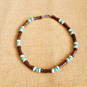 Men&#39;s Necklace,Women&#39;s Necklace,Wooden Choker,Turquoise Wood Bead Necklace,Turquoise Brown Wooden Necklace