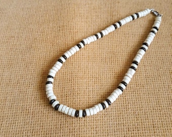 Wooden Bead Choker, Black and White Necklace for Men