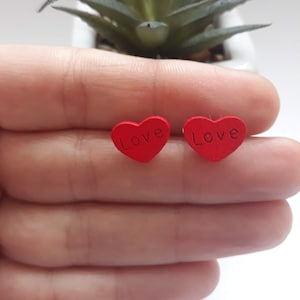 Red Heart Earrings, Wooden Love Studs, Hypoallergenic Jewelry