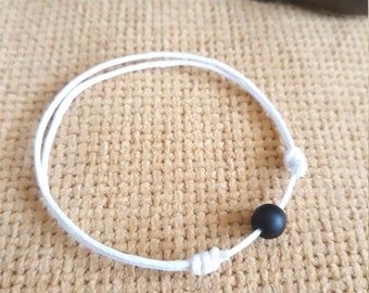 Bracelet  in white with onyx 6 mm, men's or women's bracelet, ankle bracelet, waxed cotton cord