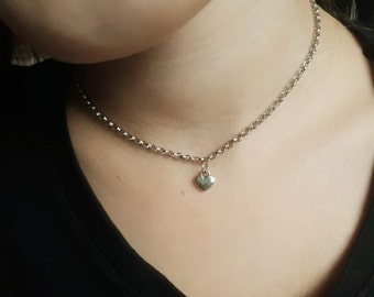 Silver Heart Choker Necklace, Delicate Charm Necklace (12-16 inch)