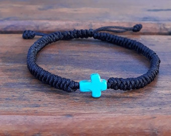 Bracelet in black, Tibetan bracelet with knots, Turquoise cross, Bracelet for luck and happiness, Lock your luck