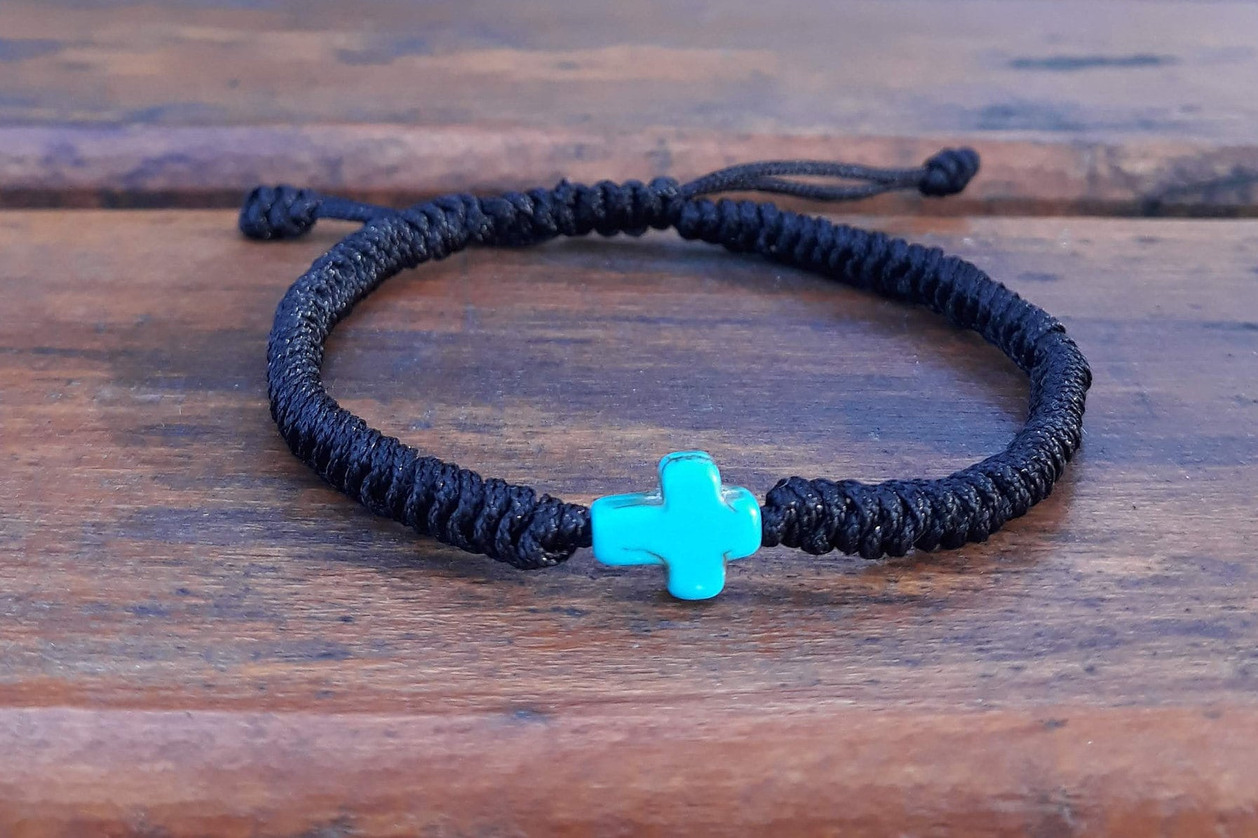 Bracelet in Black, Tibetan Bracelet With Knots, Turquoise Cross, Bracelet for Luck and Happiness
