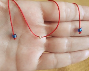 14k Gold Bead Red Cord Necklace, Adjustable Choker