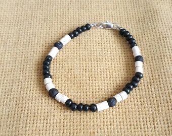 Wood and Lava Beaded Bracelet, Black & White Jewelry