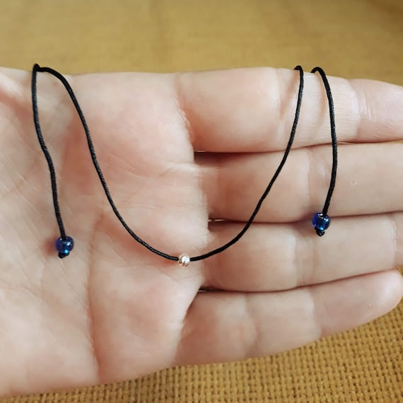 Sterling Silver Bead Choker, Black Cord Necklace, Adjustable Length