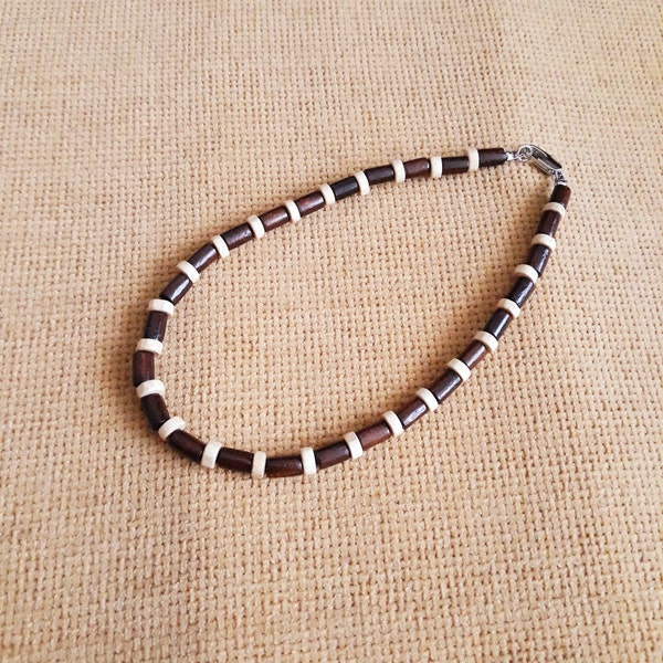 Wooden bead necklace for men,Brown and Natural Wooden Beads Necklace, Men's Surfer Choker