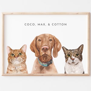 Three Pet Custom Watercolor Portrait - Pet Memorial Gift - Custom Pet Painting
