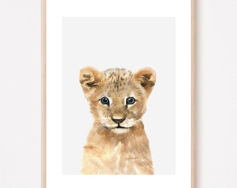 Nursery Wall Art Decor, Watercolor Lion Cub Painting Printable file, Baby Animal Print