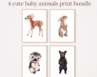 4 Cute Baby Animals Print Bundle, Watercolor Nursery Wall Art, Baby Animal Wall Decor, Nursery Prints Animal Bundle