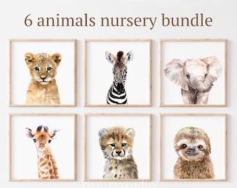 Nursery Prints 6 Safari Animals Bundle, Watercolor Nursery Wall Art, Baby Animal Wall Decor