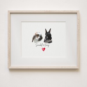 May include: A framed print featuring a watercolour illustration of two rabbits, one black and one brown and white, with the text "Snowball & Emmy" and a red heart.