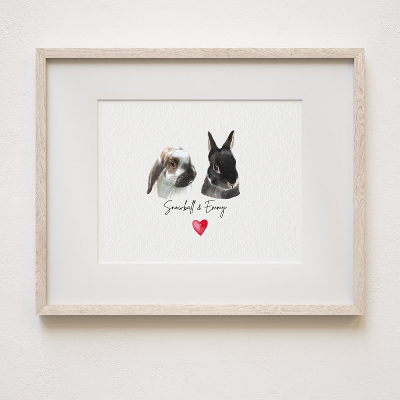 May include: A framed print featuring a watercolour illustration of two rabbits, one black and one brown and white, with the text "Snowball & Emmy" and a red heart.