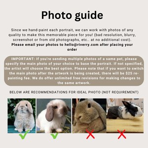 May include: A guide for submitting photos for custom pet portraits. The guide shows examples of good and bad photos. The good photos are clear and well-lit. The bad photos are blurry or poorly lit. The guide also includes information about the process of choosing the main photo and the cost of changing the main photo after the artwork is created.