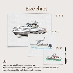 May include: Size chart for custom watercolor boat prints. Choose from three sizes: 12 inches by 16 inches, 8 inches by 10 inches, or 5 inches by 7 inches. Matting is available at no additional fee.