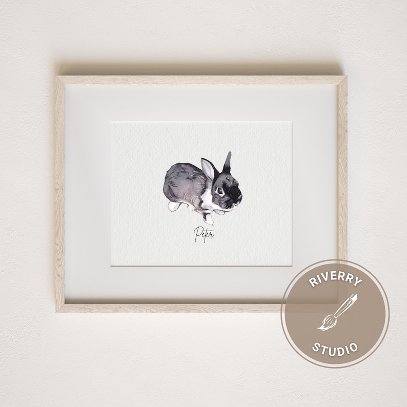 May include: A watercolour painting of a grey and white rabbit named Peter. The rabbit is sitting on a white background with the name Peter written below it.
