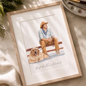 May include: A framed watercolor illustration featuring a person wearing a tan hat, light blue shirt, and brown pants sitting on a bench with a golden retriever on a leash. The text "Best buddies forever" is written in cursive at the bottom.
