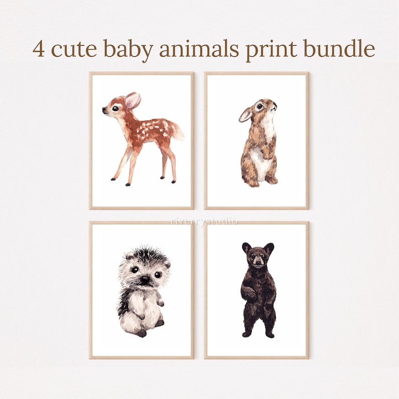 4 Cute Baby Animals Print Bundle, Watercolor Nursery Wall Art, Baby Animal Wall Decor, Nursery Prints Animal Bundle image 1