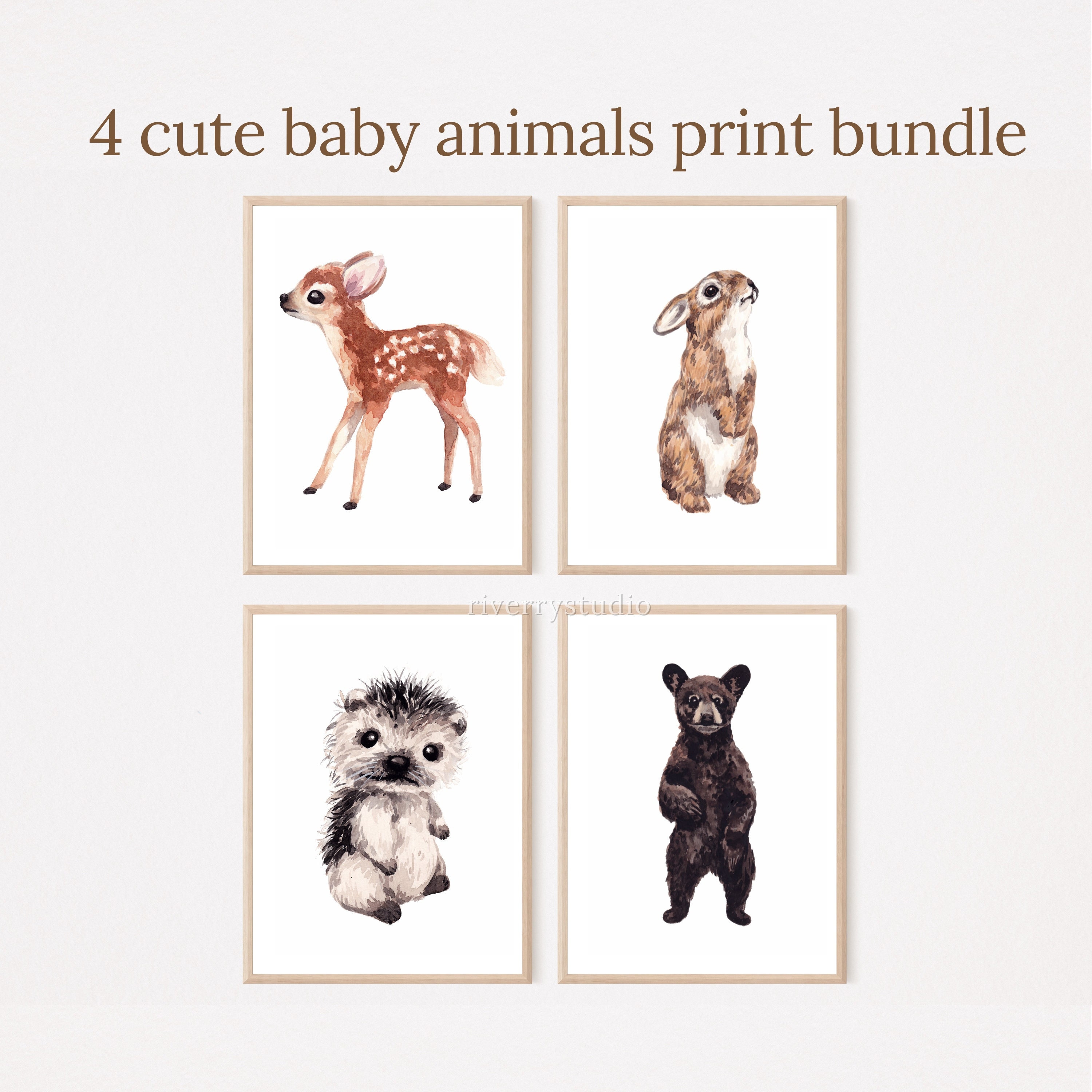 4 Cute Baby Animals Print Bundle Watercolor Nursery Wall Art - Etsy