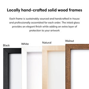 May include: Four solid wood picture frames in black, white, natural wood, and walnut. Each frame is handcrafted and features a glass inlay.