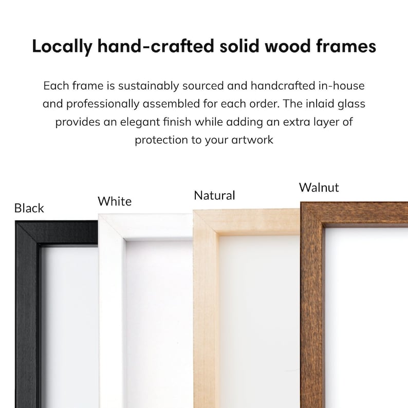 May include: Four solid wood picture frames in black, white, natural wood, and walnut. Each frame is handcrafted and features a glass inlay.