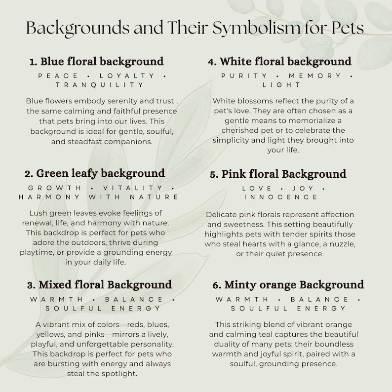 以下が含まれることがあります： 「Backgrounds and Their Symbolism for Pets」というタイトルの情報チャート。青い花柄、緑の葉、ミックス花柄、白い花柄、ピンクの花柄、ミントオレンジの背景という6つの選択肢が、それぞれの説明文と象徴的な意味とともに記載されています。