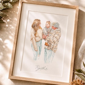 May include: A framed watercolor illustration depicting a family of three. A person with long blonde hair stands next to another person wearing a plaid shirt and baseball cap, who holds a small child. The word Together is written in cursive below.