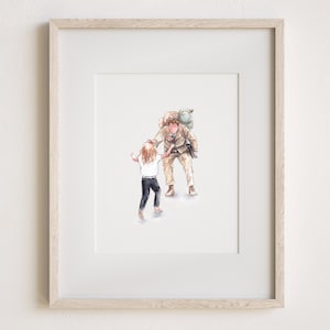 May include: A framed watercolor illustration depicting a child with long blonde hair wearing a white shirt and black pants reaching toward a soldier in tan camouflage uniform with a large backpack, set against a plain white background.