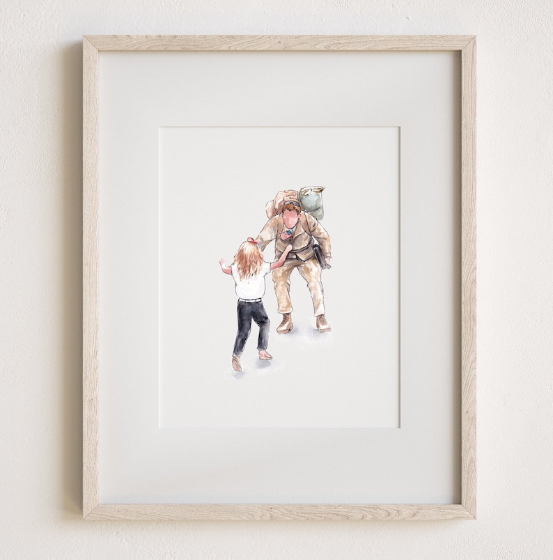 May include: A framed watercolor illustration depicting a child with long blonde hair wearing a white shirt and black pants reaching toward a soldier in tan camouflage uniform with a large backpack, set against a plain white background.