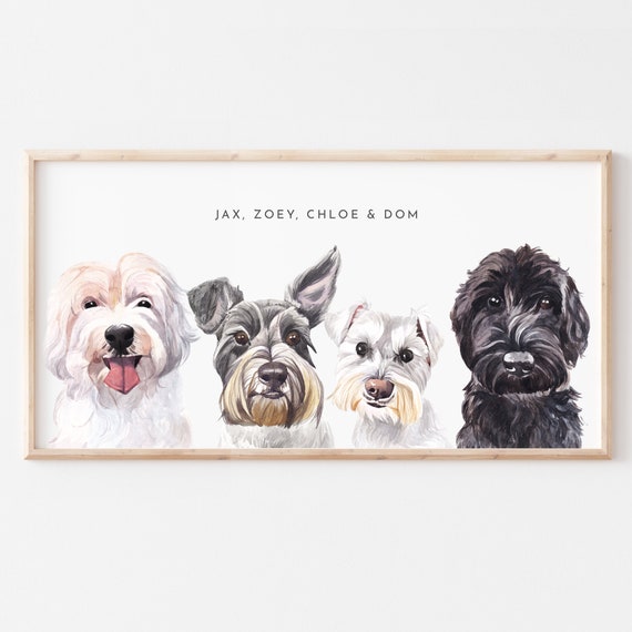 Custom Four Pet Watercolor Portrait Print, Dog & Cat Memorial