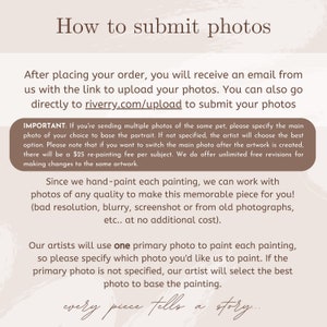 May include: Text on a beige background with brown text explaining how to submit photos for a custom painting. The text includes the website address riverry.com/upload and mentions a &pound;20 re-painting fee for changing the main photo after the artwork is created.