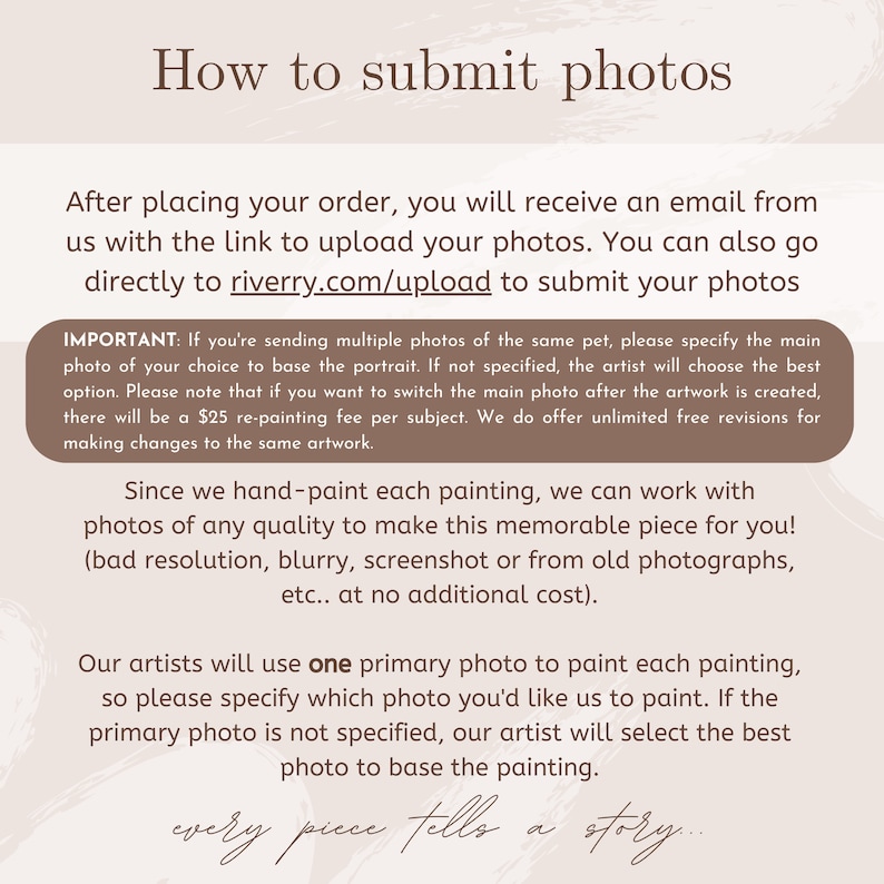May include: Text on a beige background with brown text explaining how to submit photos for a custom painting. The text includes the website address riverry.com/upload and mentions a &pound;20 re-painting fee for changing the main photo after the artwork is created.