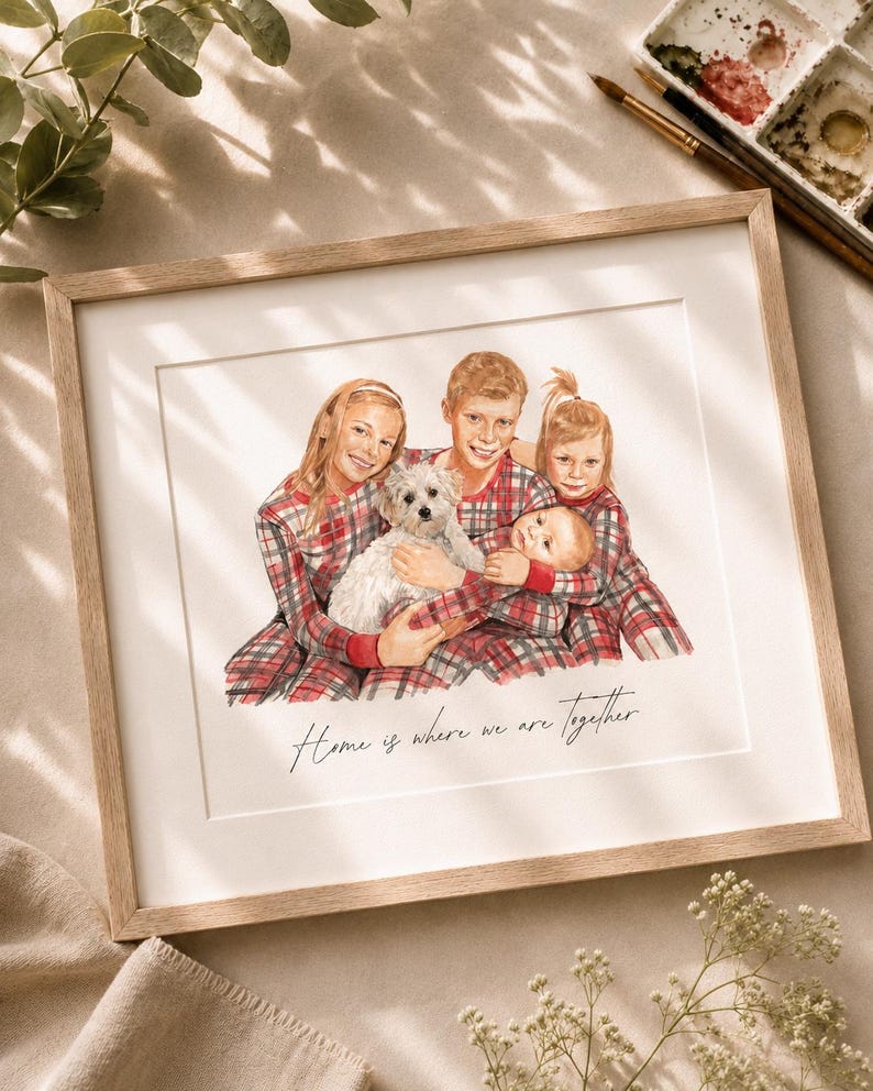 May include: A framed watercolor illustration depicting a family of four and a small white dog wearing matching red and grey plaid pajamas. The artwork features the handwritten text "Home is where we are together" centered below the figures.