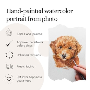 May include: Hand-painted watercolor portrait of a brown dog with a white background. The text "100% Hand-painted", "Approve the artwork before ships", "Unlimited revisions", "Free shipping", and "Pet lover happiness guaranteed" is visible on the left side of the image.