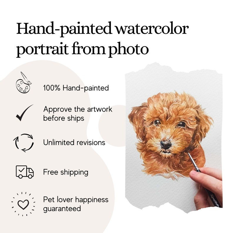 May include: Hand-painted watercolor portrait of a brown dog with a white background. The text "100% Hand-painted", "Approve the artwork before ships", "Unlimited revisions", "Free shipping", and "Pet lover happiness guaranteed" is visible on the left side of the image.