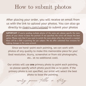 May include: Text on a beige background with the title "How to submit photos". The text explains how to submit photos for a custom portrait painting. It mentions that the artist will use one primary photo to paint each painting and that photos of any quality can be used.
