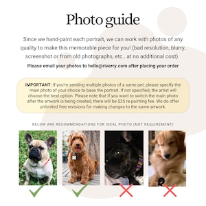 May include: An informational graphic titled Photo guide with instructions for submitting pet photos for hand-painted portraits. It includes text about photo quality, email submission, and four example photos of dogs with green checkmarks or red X marks.