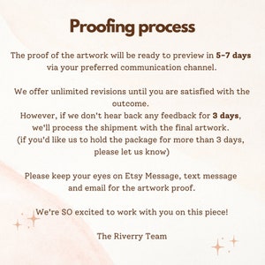 May include: A pink and white background with brown text explaining the proofing process for artwork. The text states that the proof will be ready in 5-7 days and that unlimited revisions are offered. It also states that if no feedback is received within 3 days, the shipment will be processed. The text also includes the phrase "The Riverry Team".