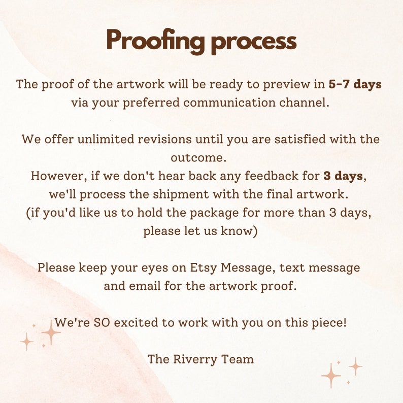 May include: A pink and white background with brown text explaining the proofing process for artwork. The text states that the proof will be ready in 5-7 days and that unlimited revisions are offered. It also states that if no feedback is received within 3 days, the shipment will be processed. The text also includes the phrase "The Riverry Team".