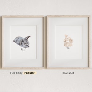 May include: Two framed watercolour paintings of rabbits. The left image shows a grey rabbit named "Basil" in a full-body pose. The right image shows a white rabbit named "Tula" in a headshot pose. The left image is labelled "Full-body" and the right image is labelled "Headshot".