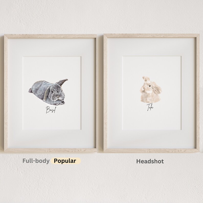 May include: Two framed watercolour paintings of rabbits. The left image shows a grey rabbit named "Basil" in a full-body pose. The right image shows a white rabbit named "Tula" in a headshot pose. The left image is labelled "Full-body" and the right image is labelled "Headshot".