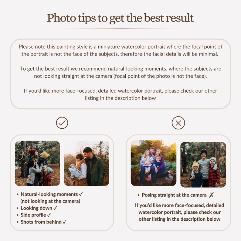 May include: An informational graphic titled Photo tips to get the best result. It explains that the miniature watercolor portrait style minimizes facial details and recommends photos where subjects are not looking directly at the camera.