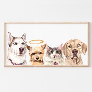 May include: A watercolor painting of four pets, a husky, a Yorkshire terrier, a cat, and a golden retriever. The Yorkshire terrier has a halo above its head.