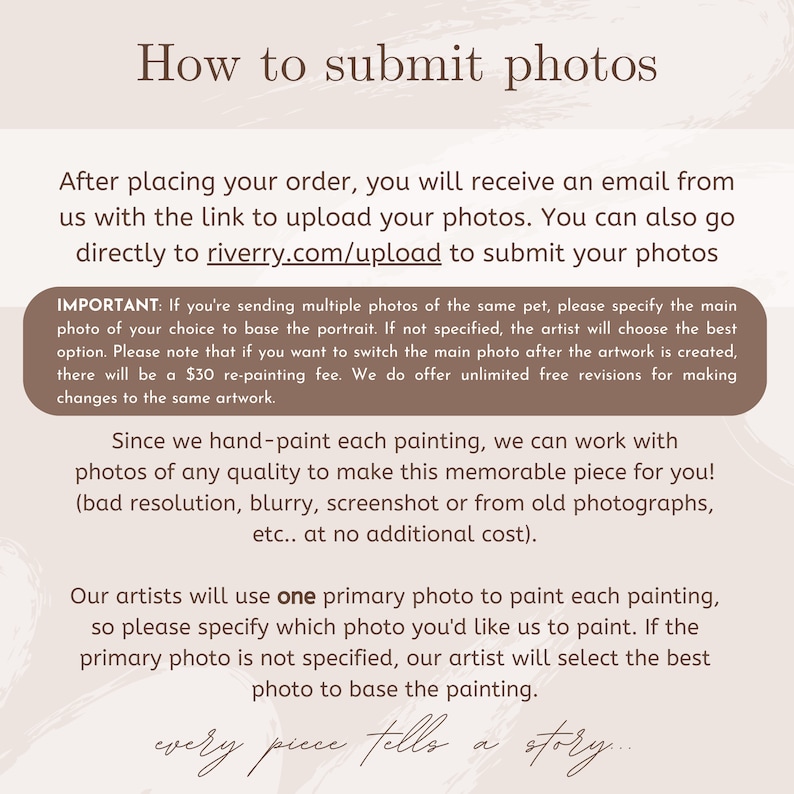 May include: Text on a light brown background with the title "How to submit photos". The text explains how to submit photos for a custom portrait painting. It mentions that the artist will use one primary photo to paint the portrait and that additional photos can be submitted for reference.