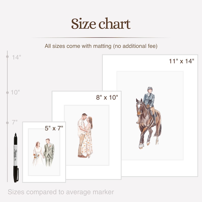 May include: A size chart displaying three matted art prints with dimensions 5" x 7", 8" x 10", and 11" x 14". The prints feature watercolor illustrations of a couple, a standing pair, and a person riding a horse. A black marker is shown for scale.