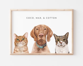 Three Pet Custom Watercolor Portrait - Pet Memorial Gift - Custom Pet Painting