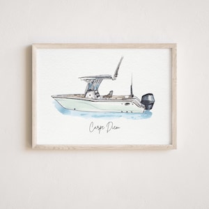 May include: A watercolor illustration of a white boat with a blue and gray motor. The boat is on the water and the text "Carpe Diem" is written below it.
